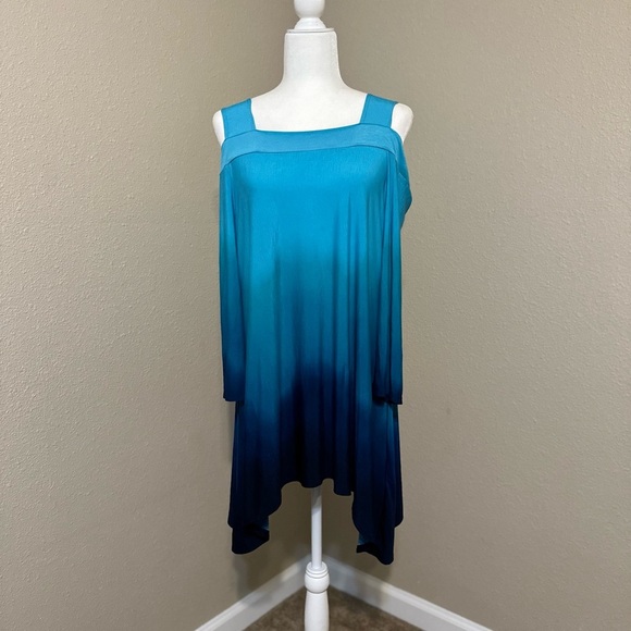 Clara Sun Woo Tops - Clara Sun Woo Blue Dip Dye Cold Shoulder Tunic Slinky Wrinkle Free Size XL